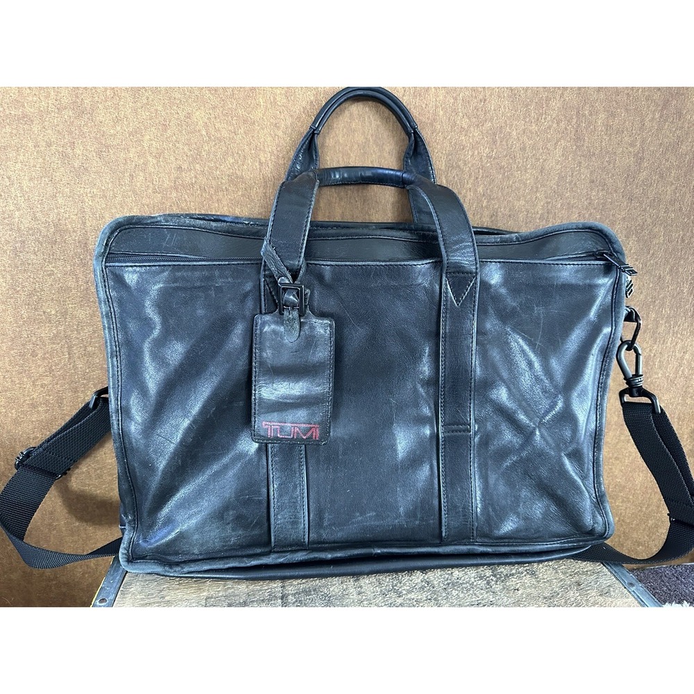 TUMI Briefcase Leather Laptop Bag Black Business Messenger Retro